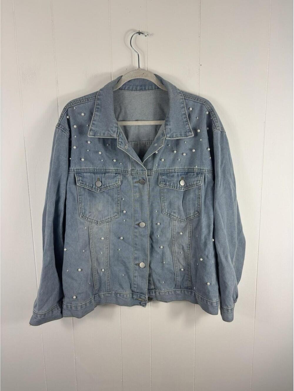 Oversized DIAMONDS & PEARLS Denim Light Blue Bling Jacket 1X